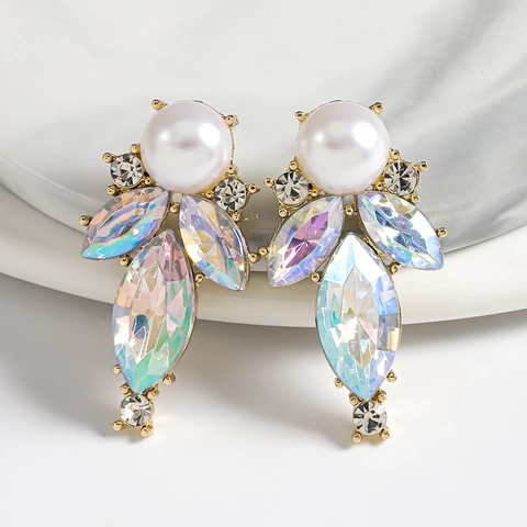 Geometric Waterdrop Rhinestone Artificial Pearl Earrings With Stainless Steel Earring Post Alloy Gold Plated Bohemian Jewelry Women