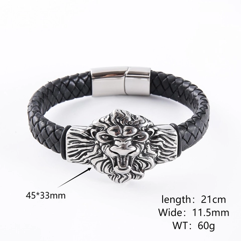 Pulsera De Cuero Trenzado Cabeza De León Acero Inoxidable 304 Cierre Magnético Joyería Gótica Hombre