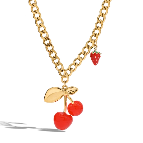 Cherry Strawberry Pendant Necklace 18K Gold Plated Stainless Steel Dainty Fruit Jewelry For Women Girls Novelty
