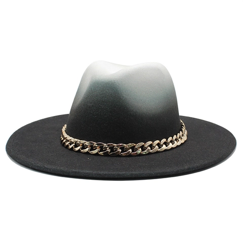 Chapeau Fedora À Bord Large En Feutre De Laine Dégradé De Couleurs Avec Chaîne Dorée Élégant Chapeau Jazz Homme Femme