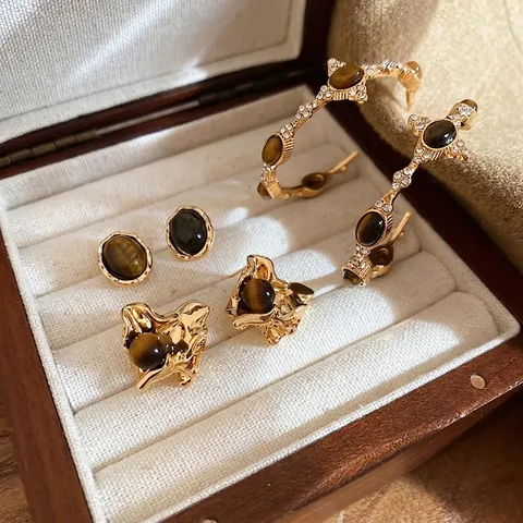 Tiger Eye Stone Stud Earrings With Silver Earring Post Vintage Geometric Irregular Pleated Gold Plated Metal Retro Fashion