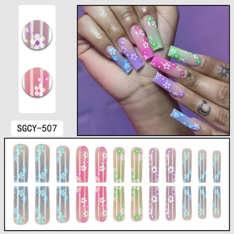 Long Coffin Press On Nails Pink Gradient 3D White Flower Small Fresh Sweet Acrylic Fake Nails For Women Decor