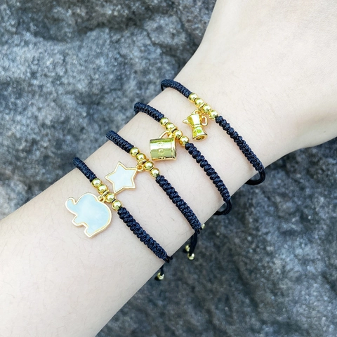 Pulsera De Cuerda Trenzada Hecha A Mano Cobre Chapado En Oro Concha Elefante Estrella Cafetera Ajustable