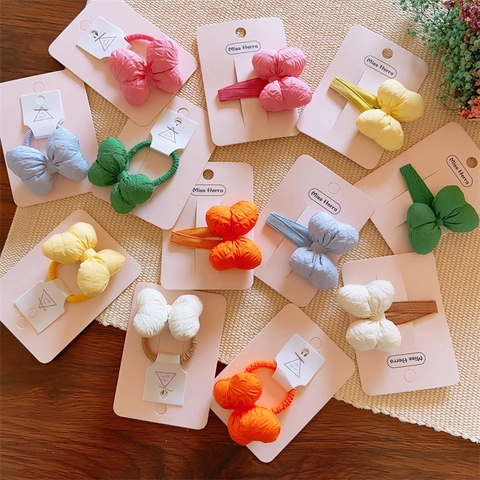 Kids Girls Bow Hair Clip Hair Tie Macaron Color Padded Quilted Fabric Sweet Cute Hair Accessory
