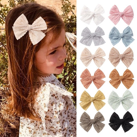 Kids Bow Hair Clips Lace Hollow Embroidery Handmade Sweet Hairpins For Baby Girls Toddlers