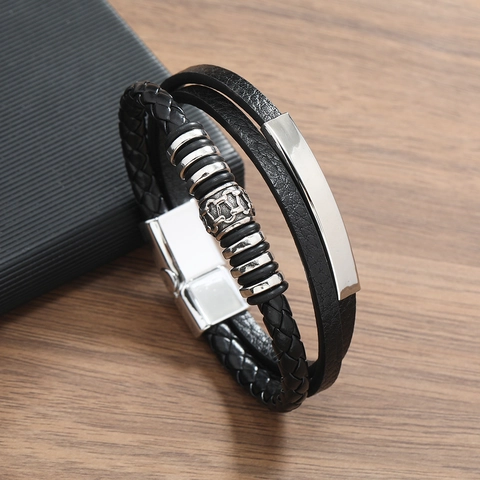 Men Multi-layer Braided PU Leather Bracelet With Alloy Magnetic Clasp Viking Punk Hip-hop Style Retro Black Accessory