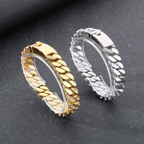 Bracciale A Maglia Cubana In Acciaio Inossidabile Con Strass Stile Hip Hop Streetwear Da Uomo