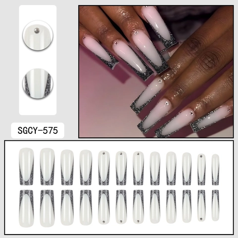 Faux Ongles À Presser French Black Tip Longs Coffin Avec Paillettes Et Strass Dégradé Mode Pour Femmes