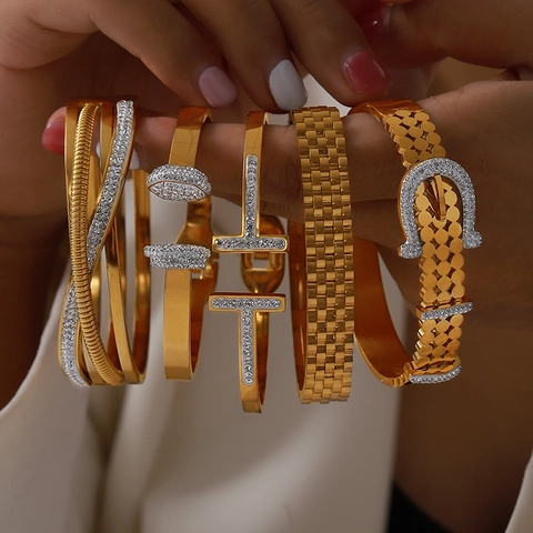 Bracciale Rigido Geometrico Placcato Oro Acciaio Inossidabile Zirconia Cubica Gioielli Di Moda Per Donna