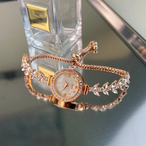 Reloj de Cuarzo de Lujo para Mujer Pulsera de Hoja con Diamantes de Imitación Elegante Esfera de Concha Reloj de Aleación