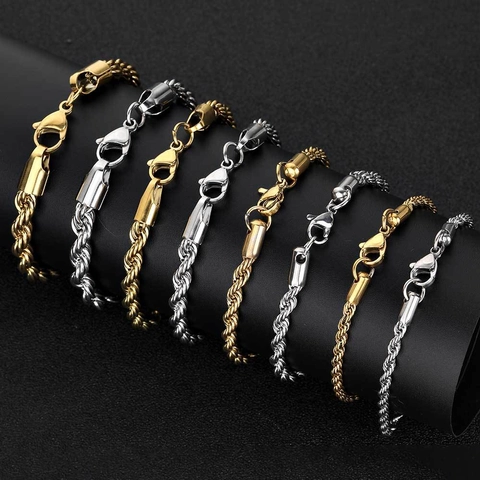 Collier Bracelet Chaîne Corde en Acier Inoxydable Unisexe Plaqué Or 18K Bijoux Style Hip Hop