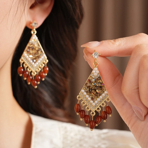 Pendientes de Borla de Vidrio en Forma de Rombo de Estrás de Aleación Vintage Pendientes de Perlas Artificiales Joyería