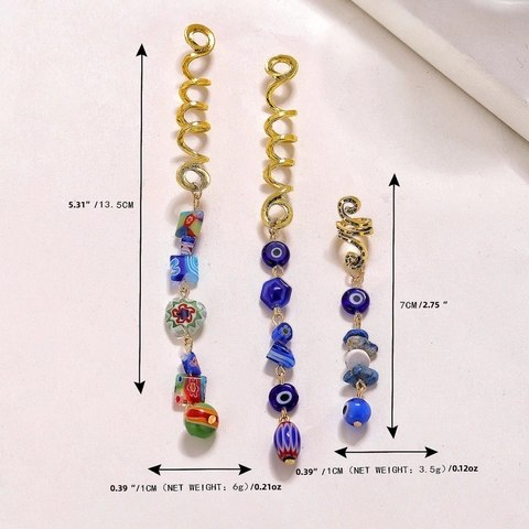 Snake Spiral Dreadlock Hair Clips Alloy Golden Blue Evil Eye Beads Cat Eye Stone Braid Rings Ethnic Boho Accessory