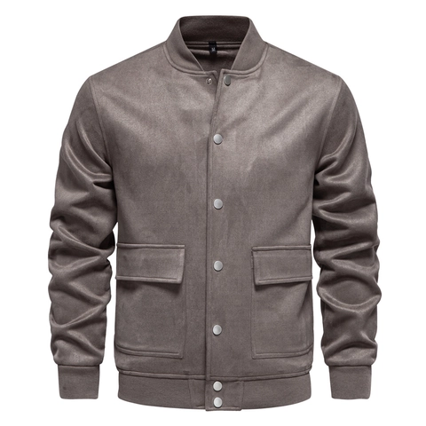 Veste Bombardier Homme En Suède Synthétique Col Montant Décontractée Style Baseball Avec Poches À Rabat Bouton Pression