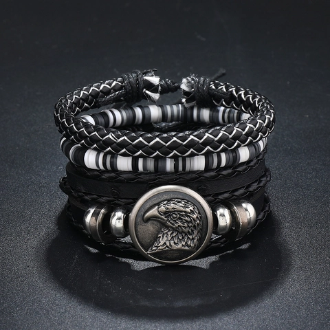 Men Multi Layer Leather Bracelet Vintage Eagle Head Relief Braided Wax Cord Alloy Metal Beads Soft Clay Adjustable Wristband