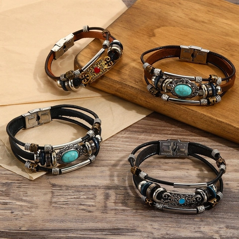 Heren Meerlagige Armband Echt Leer Roestvrij Staal Gevlochten Vintage Turkoois Anker Kompas Sieraden