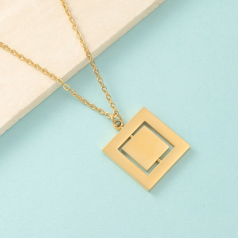 Rotatable Square Pendant Necklace 304 Stainless Steel Geometric Double Layer Minimalist Fashion Jewelry For Women Men