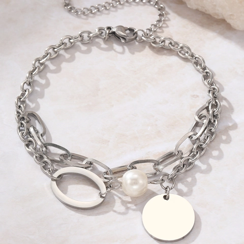 Pulsera Barroca De Acero Inoxidable Con Imitación De Perla Artificial Y Colgante De Disco Redondo Cadena De Varias Capas Vintage Para Mujer