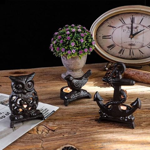Vintage Cast Iron Animal Owl Bird Shape Tealight Candle Holder Rustic Metal Desktop Decoration Photography Props