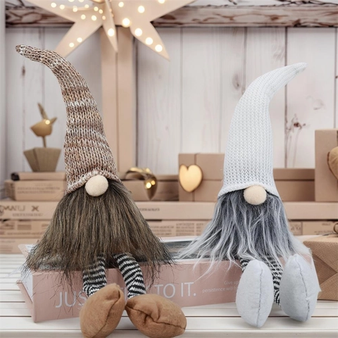 Gnomo de Navidad de Felpa Hecho a Mano Decoración Gorro de Punto Piernas Largas Elfo del Bosque Nórdico Muñeco Tomte para Hogar