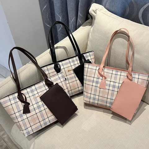 Plaid Print Tote Bag PU Leather Large Capacity Shoulder Bag Women Matching Pouch Elegant Shopping Handbag