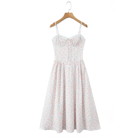 Floral Maxi Kleid Spitze Trims Spaghettiträger Rückenfrei Schnürung Hohe Taille Französischer Stil Sexy Urlaub Outfits Frauen