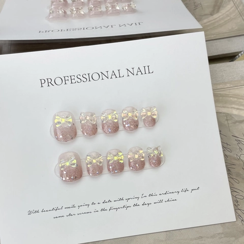 Künstliche Nägel Rosa Glitzer Farbverlauf Handgefertigt 3D Aurora Schmetterling Schleife Wiederverwendbar Elegant Für Frauen