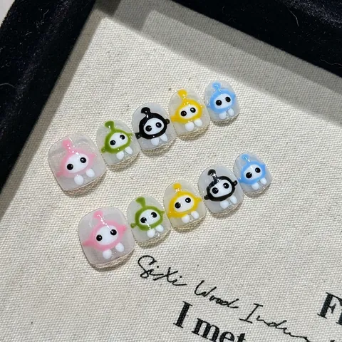 Handmade Cute Cartoon Character Style Kids Press On Nails Reusable Glossy Colorful Fake Nails For Girls Birthday Gift