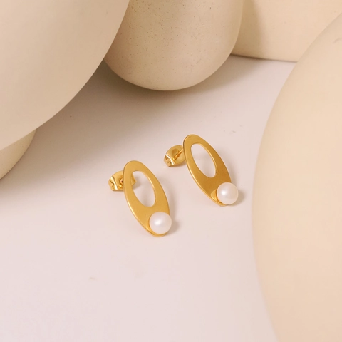 Orecchini a Bottone in Acciaio Inossidabile con Perla d'Acqua Dolce Vintage da Donna Geometrici Cavi Ovali Tondi Gioielli Retro