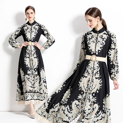 Abito Maxi Vintage Stampa Paisley Chiffon Maniche A Lanterna Orlo Con Nappe Cintura Elegante Bohemien Lungo Donna