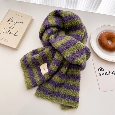 Écharpe Rayée En Tricot Mélange De Laine Chaude Épaisse Hiver Cache-Col Rétro Décontracté Patchwork Doux Pour Femmes Access