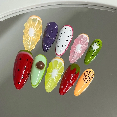 Unghie Finte Artigianali Rilievo Frutta 3D Gel Resina Fresco Estate Rimovibili Riutilizzabili Unghie Artificiali Per Donne