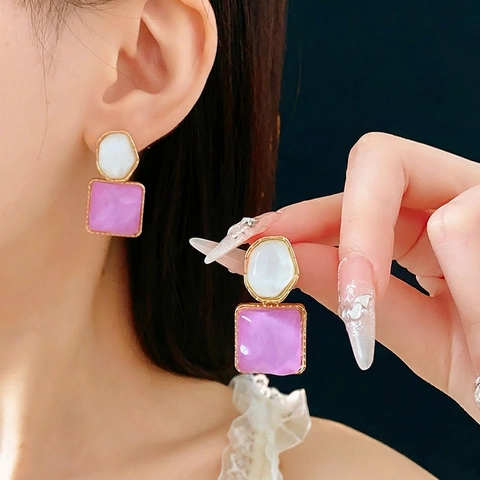 Geometrische Harz Hängeohrringe Mit 925 Sterling Silber Ohrstecker Legierung Vergoldet Retro Französischen Stil Für Frauen