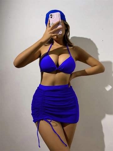 Polyester Spandex Halter Triangle Bikini Top And Bottom Mesh Drawstring Skirt Matching Headscarf Sexy Backless Beachwear