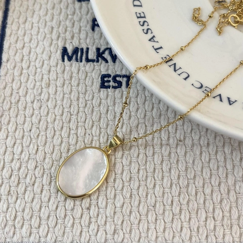 Collar Con Colgante De Nácar Ovalado Plata De Ley 925 Bañado En Oro Cadena De Cuentas Joyería Mujer