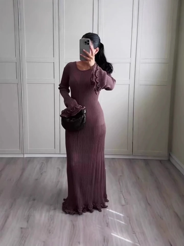 Elegant Knit Maxi Dress Polyester Cotton Blend Slim Fit Backless Lace Up Long Sleeve Ruffle Trim Solid Color Bodycon