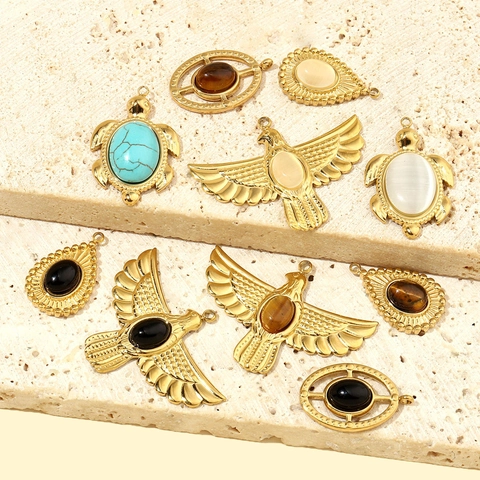 Edelstahl DIY Anhänger Mit Naturstein Vintage Adler Schildkröte Wassertropfen Oval Charms Für Schmuck Halsketten Herstellung