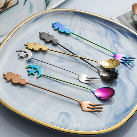 Creative 304 Stainless Steel Coffee Spoons And Forks Star Moon Unicorn Seahorse Shell Dessert Stirring Fruit Cutlery