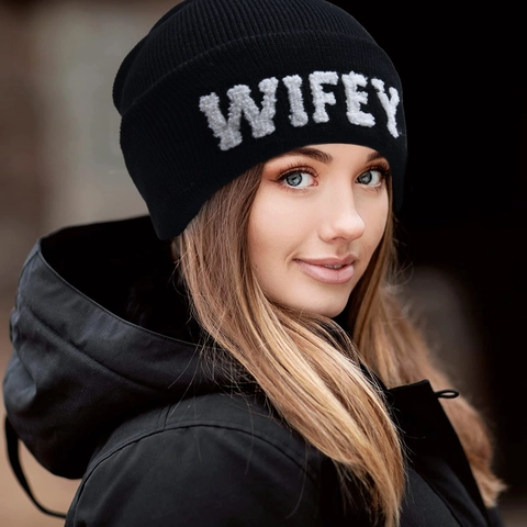 Wifey Letter Embroidered Cotton Knit Beanie Hat Winter Warm Outdoor Cuffed Solid Color For Women