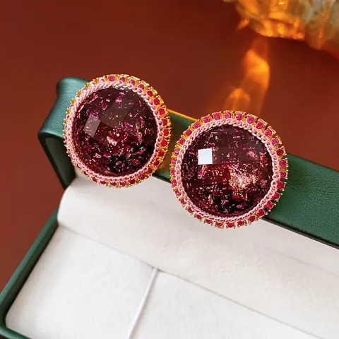Runde Vintage Ohrstecker Mit Lila Harz Goldflocken Legierung Strass Und Silbernem Ohrringstift Für Damen Mode