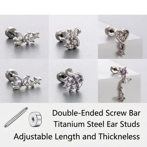 Butterfly Swan Heart Ear Cartilage Studs Titanium Steel Zircon Piercing Earrings Screw Back Flat Back For Women