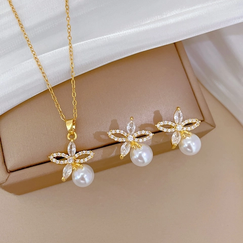 Flower Artificial Pearl Jewelry Necklace Earrings Cubic Zirconia Titanium Steel Copper With Silver Earring Post Elegant Banquet Women
