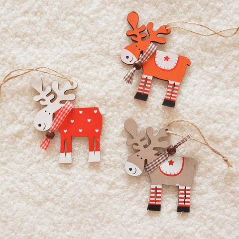 Christmas Reindeer Wooden Hanging Ornaments With Plaid Scarf And Jute Rope For Holiday Tree Decoration Painted Elk Shape