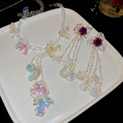 Collana E Orecchini Con Fiori In Acrilico Iridato Con Perno In Argento Sterling 925 Perle Di Vetro Gioielli Eleganti