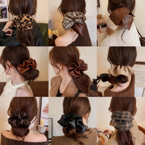 Grandi Elastici Per Capelli Da Donna Vintage Stampa Leopardata Tessuto Di Raso Pieghettato Fasce Elastiche Per Capelli Moda Oversize