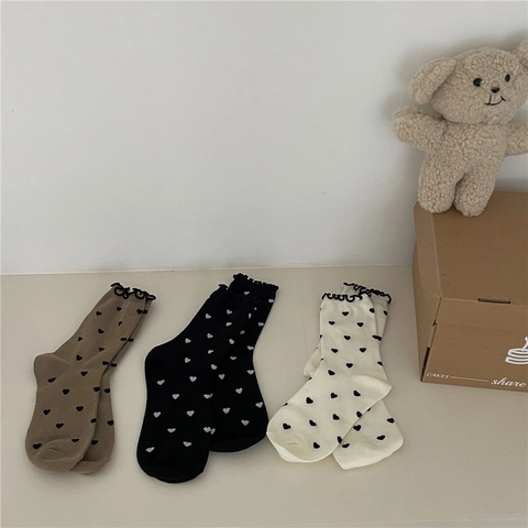 Women Mid-Tube Socks Cotton Blend Ruffle Cuff Heart Pattern Ribbed Knit Sweet Japanese Style Retro Footwear For Girls