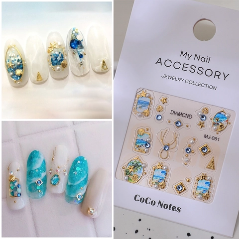 Summer Marine Seashell Starfish 5D Relief Nail Art Stickers With Alloy Rhinestone Faux Artificial Pearl DIY Nail Decoration For Women