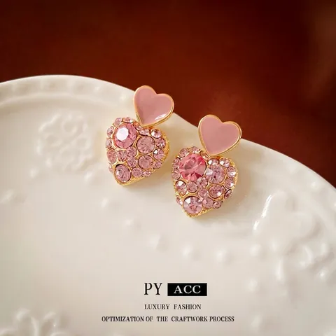 Double Heart Stud Earrings With 925 Sterling Silver Earring Post Pink Alloy Rhinestone Enamel Elegant Fashion Women