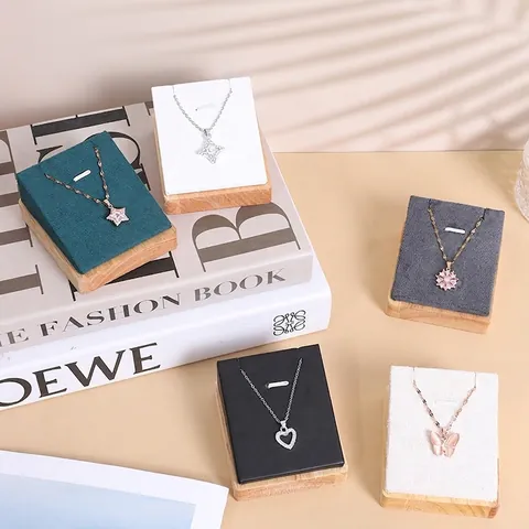 Necklace Pendant Display Stand Wood Base Velvet Leather L-Shape Jewelry Countertop Organizer Showcase Holder