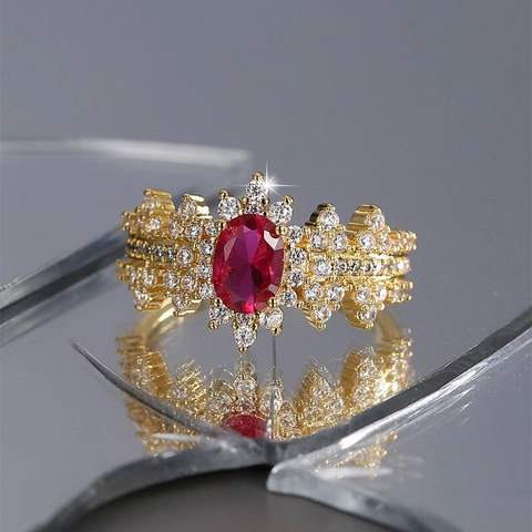 Bague Vintage Élégante En Cuivre Plaqué Or Avec Zircon Rouge Pierre Ovale Design De Luxe Pour Femme